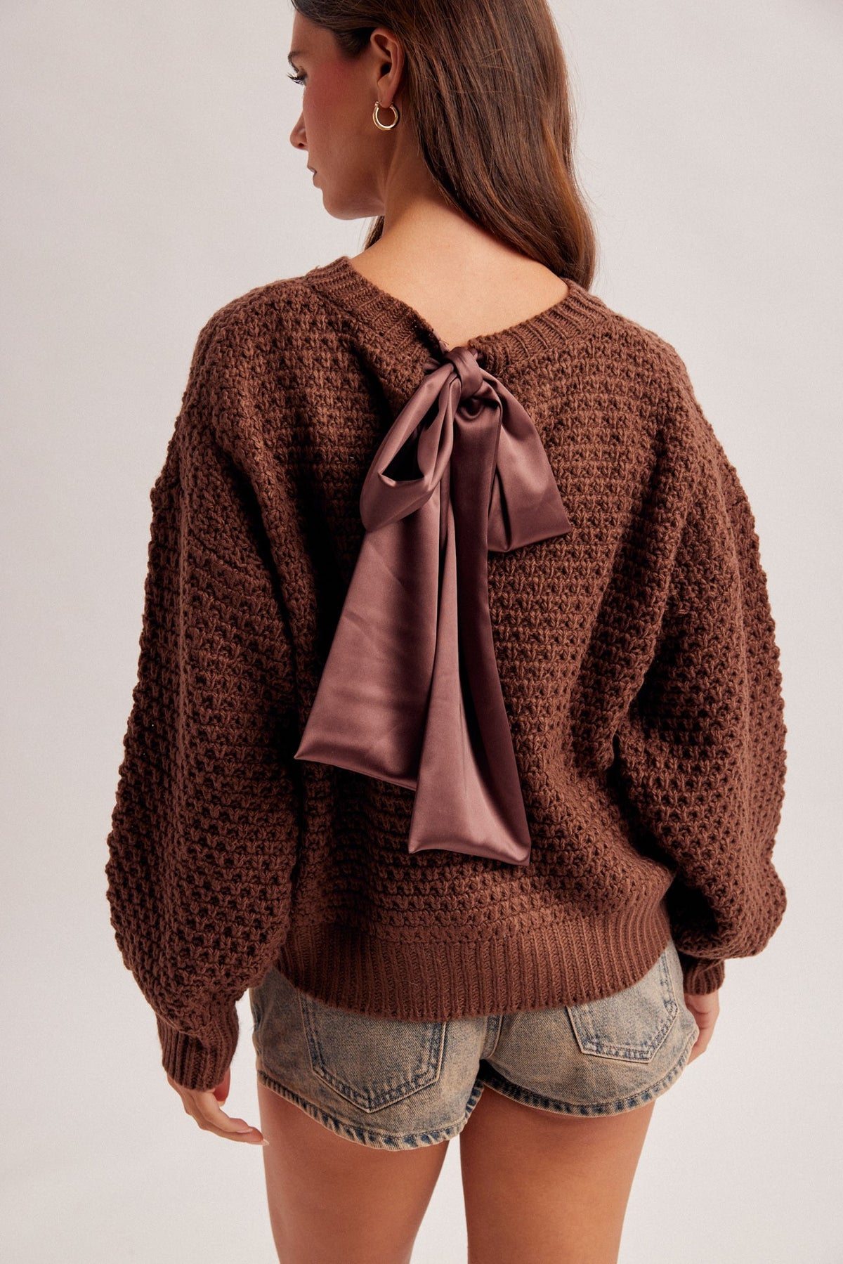 Brown Satin Ribbon Tie Back Crew Neck Loose Fit Sweater