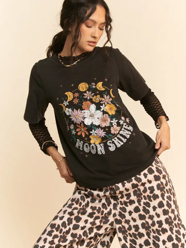 Moon Shine Floral Short Sleeve Round Neck Top - Posh West Boutique