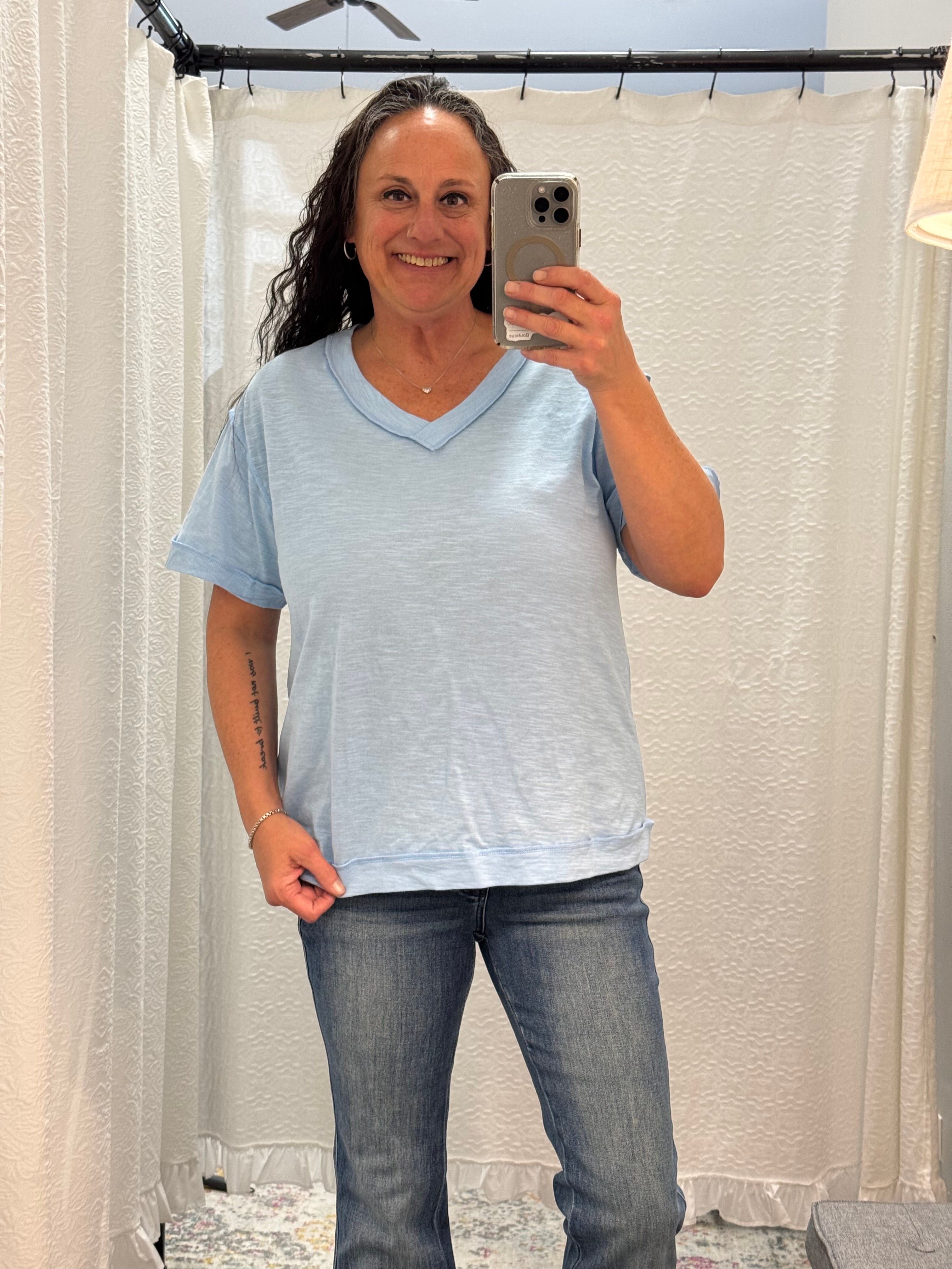 Light Blue Raw Edge Cotton V Neck Top - Posh West Boutique