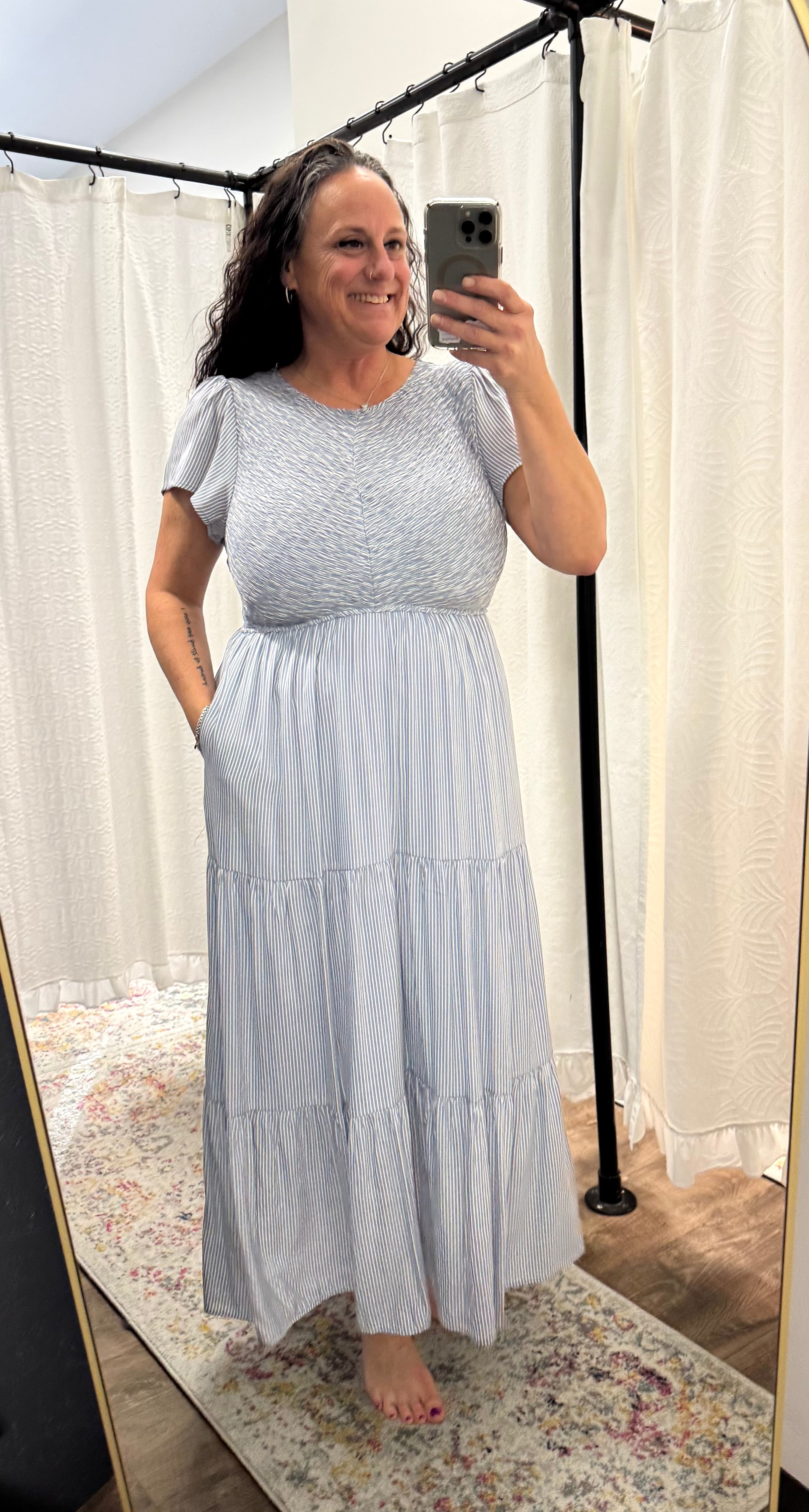 Smocked Bodice Striped Tiered Maxi