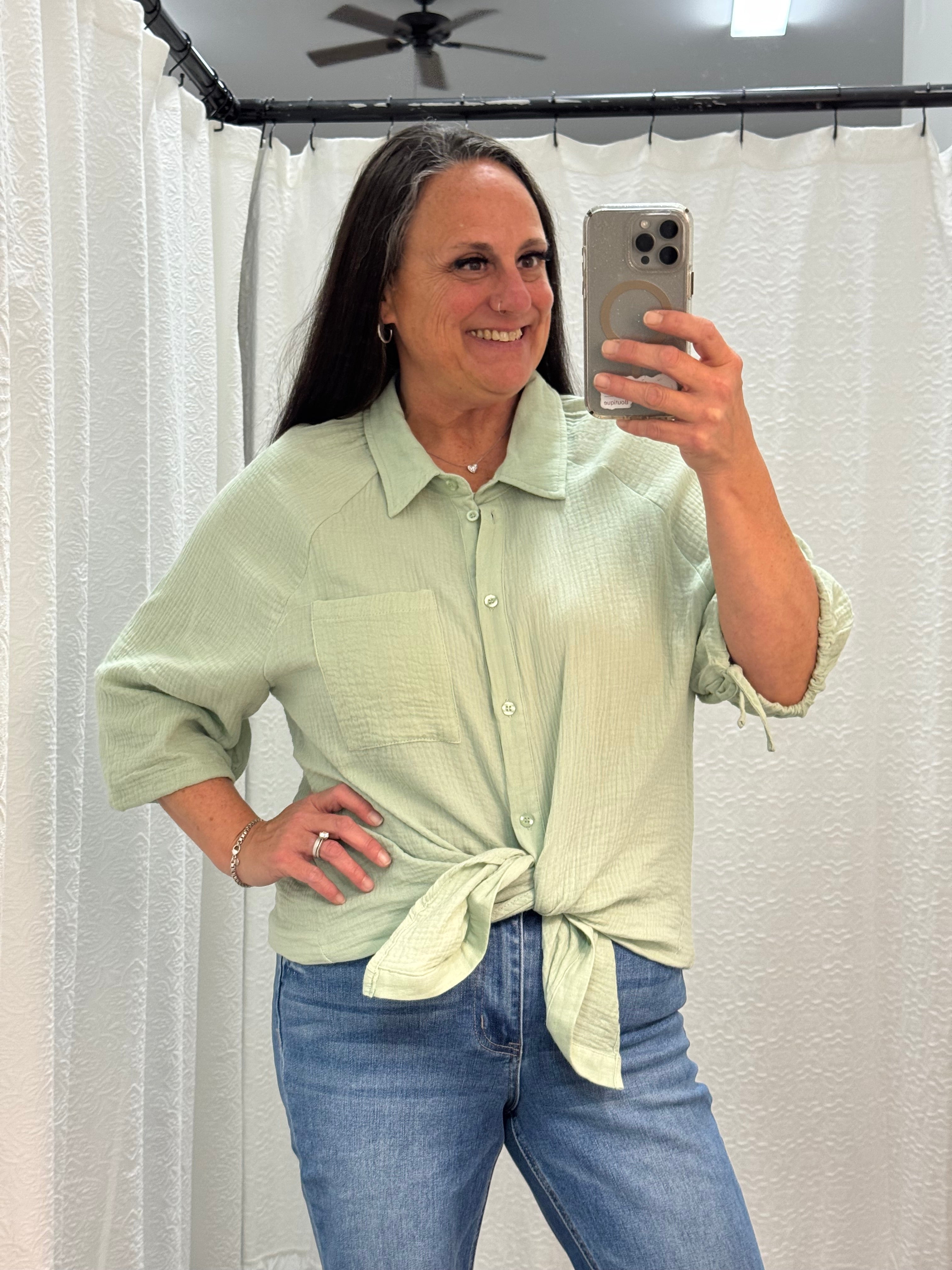 Mint Crinkle Texture Tie Sleeve Button Top - Posh West Boutique