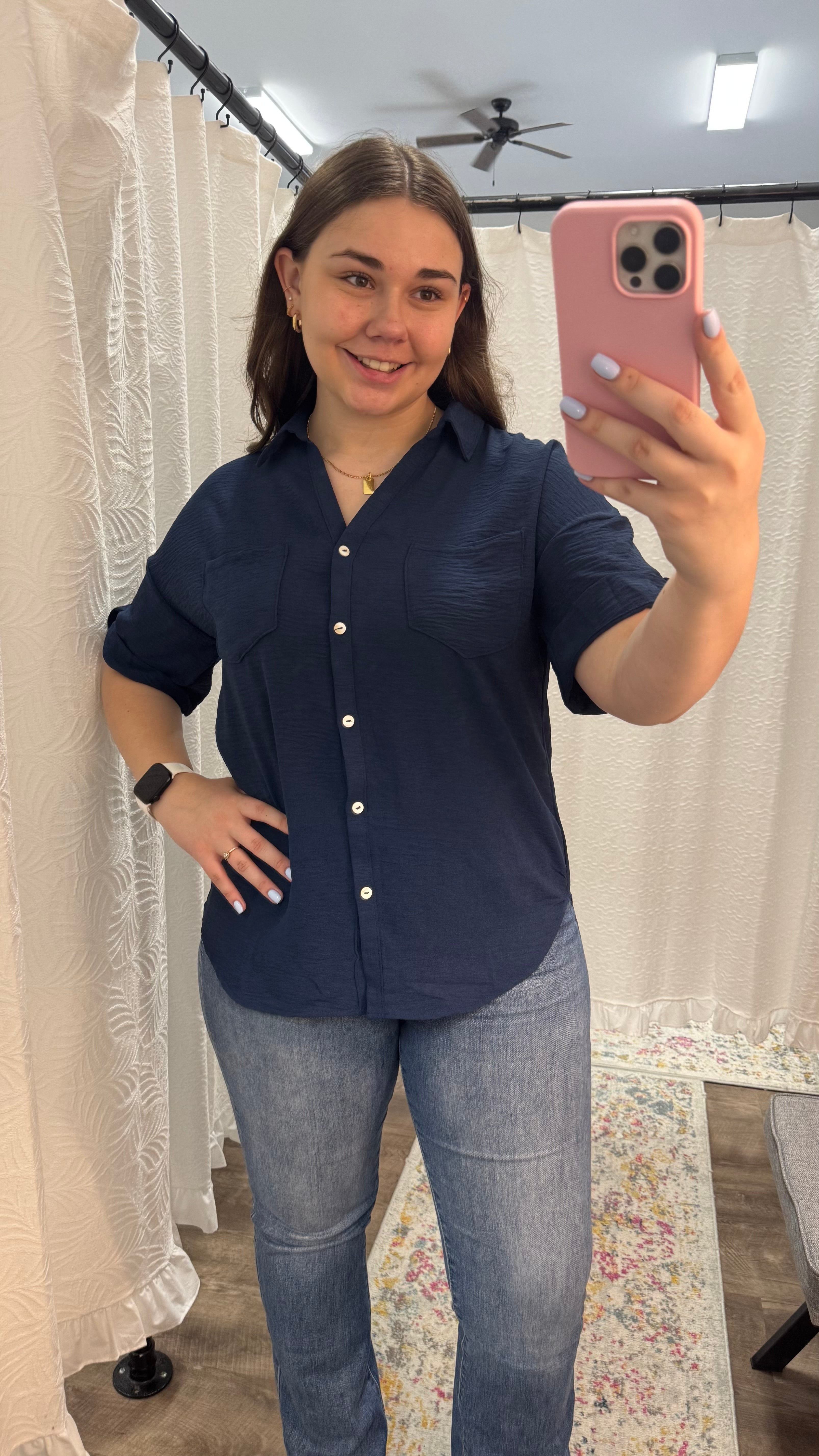 Navy Half Sleeve Collared Button Down Top