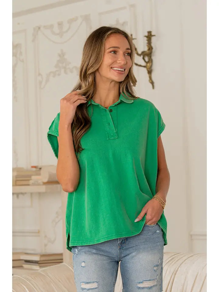 Kelly Green Oversized Cap Sleeves Polo Top - Posh West Boutique