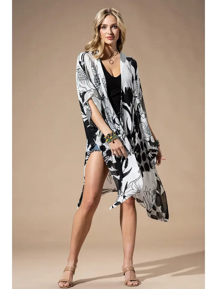 Monochrome Bloom Kimono - Posh West Boutique