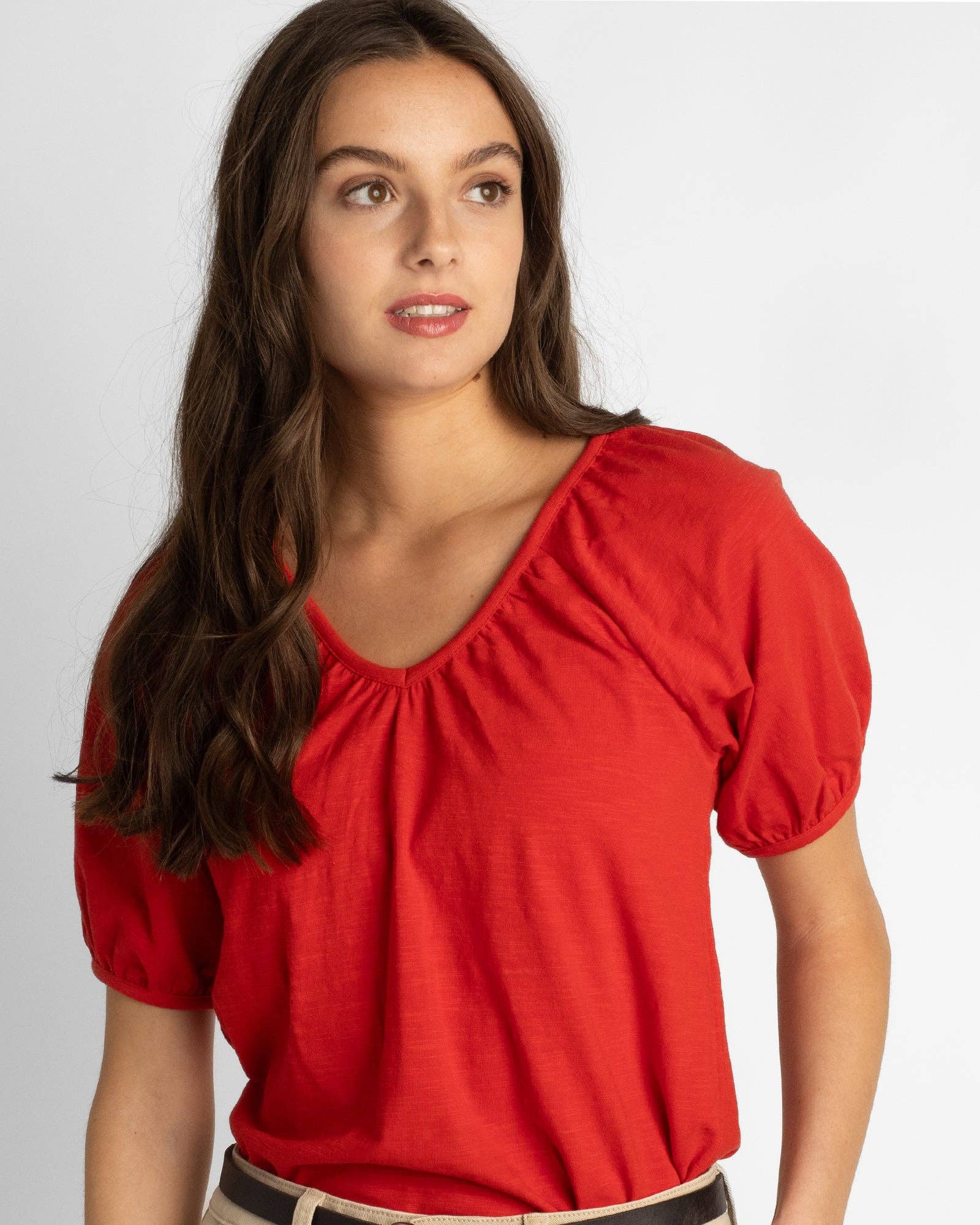 Aura Red V-Neck Short Puff Sleeve