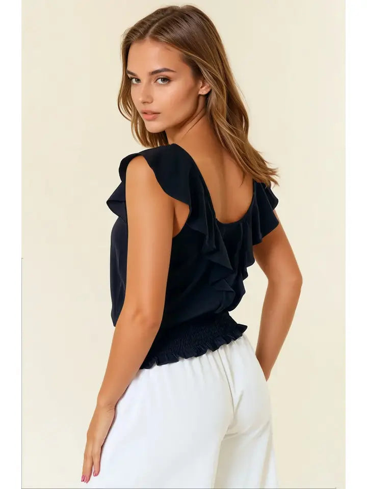 Black V-Neck Ruffle Top with Smocking Band - Posh West Boutique
