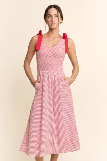 Red Stripe Blocked Tie Straps Midi Dress - Posh West Boutique