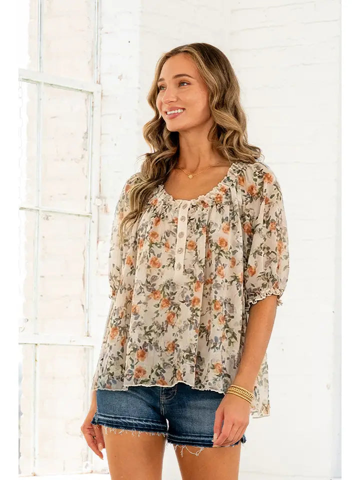 Cream Ruffle Neck Floral Blouse - Posh West Boutique