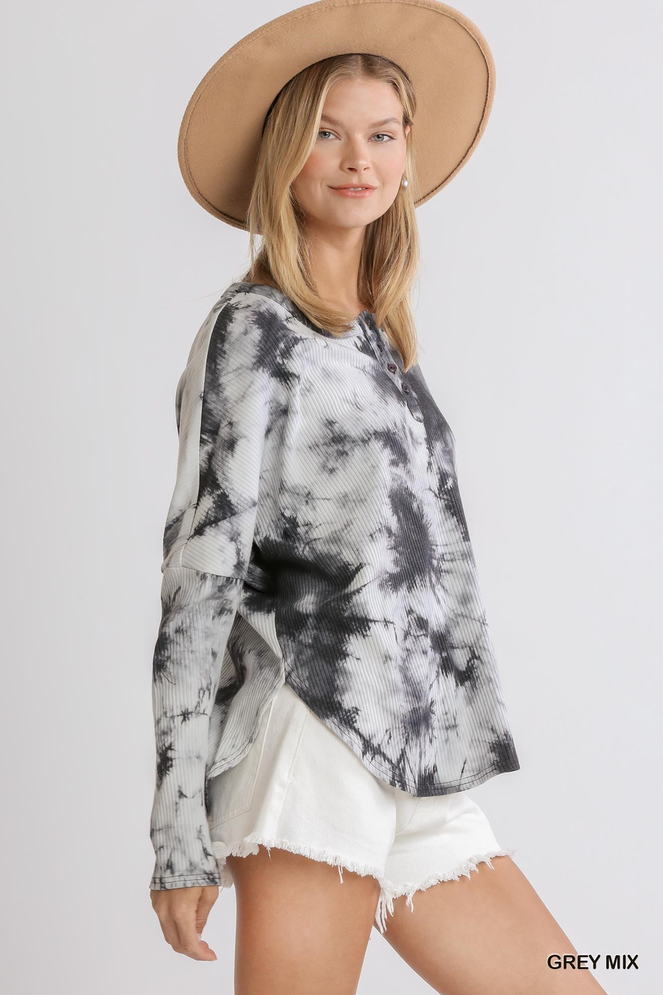 Tie Dye Ribbed Button Front Top with Round Hem - Posh West Boutique