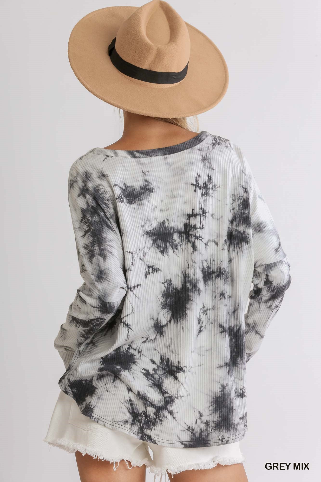 Tie Dye Ribbed Button Front Top with Round Hem - Posh West Boutique