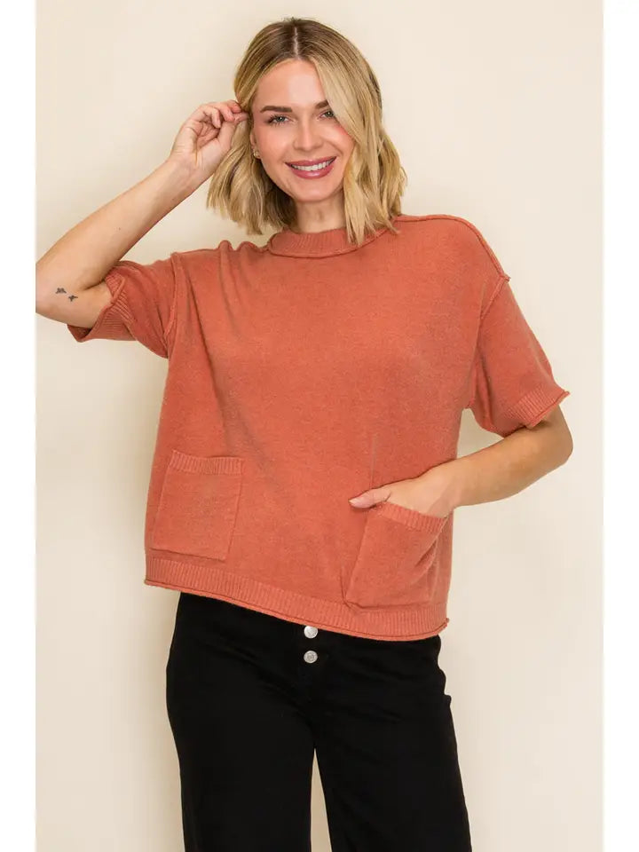 Clay Mock Neck Pocket Knit Sweater