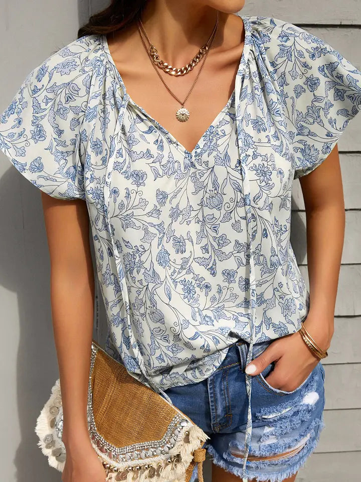 Sky Blue V-Neck Flutter Sleeve Top