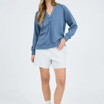 Dusty Blue Hooded V Neck Raw Edge Long Sleeve Knit Top - Posh West Boutique