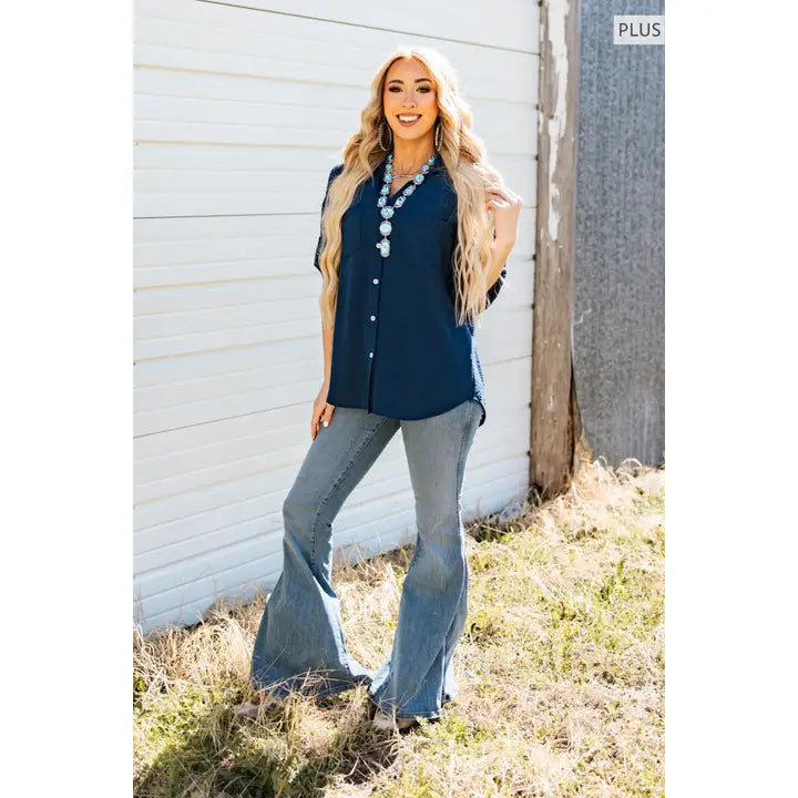 Navy Half Sleeve Collared Button Down Top