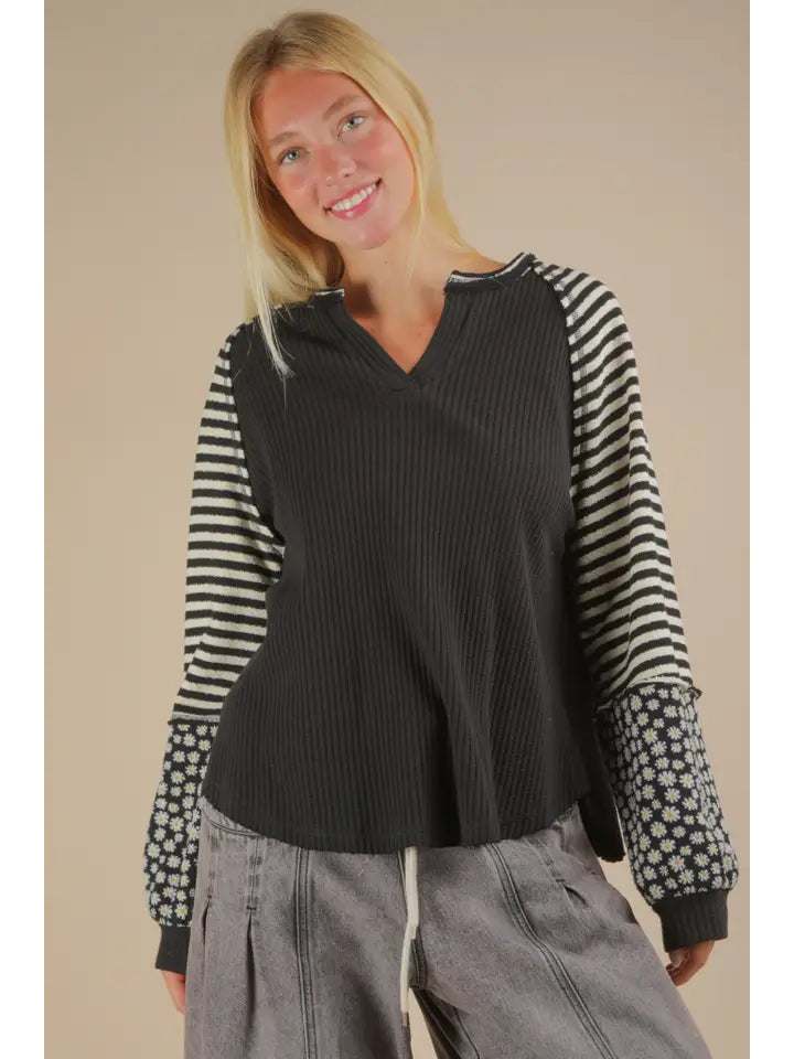Black Oversized Floral & Stripe Casual Knit Top - Posh West Boutique