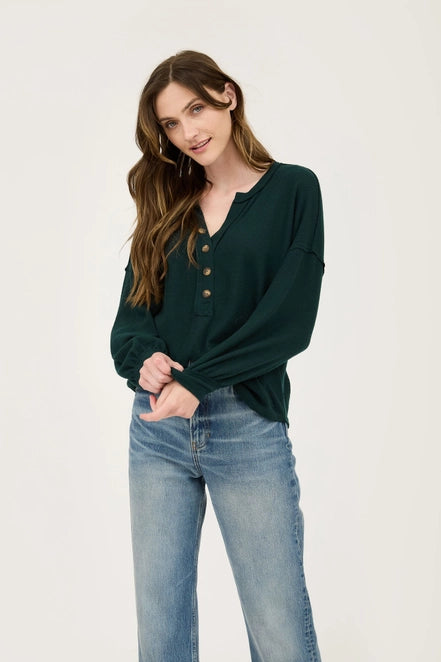 Hunter Green Half Button Up V Neck Top - Posh West Boutique
