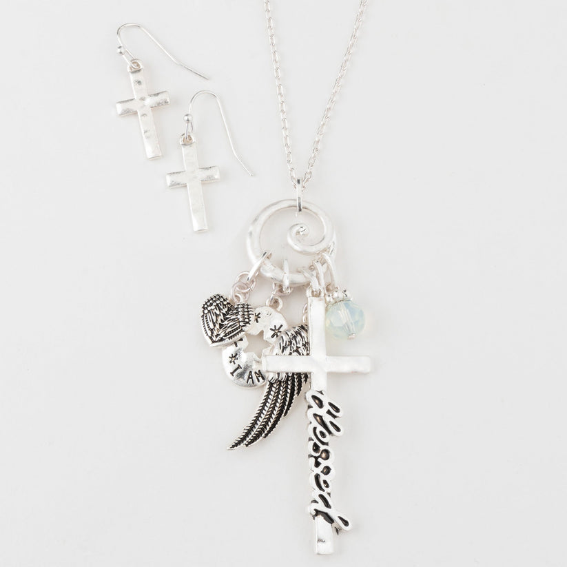 Silver Faith Charm Necklace & Earrings - Posh West Boutique