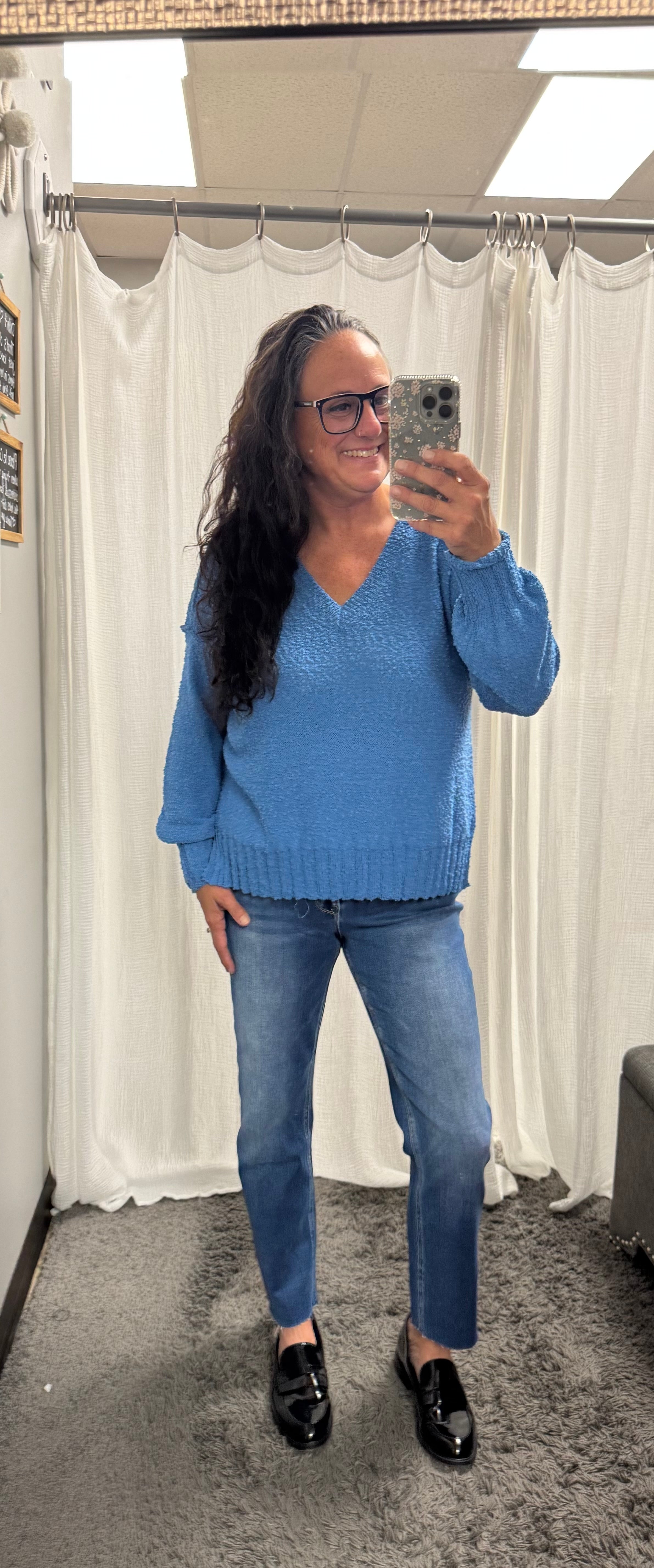 Dusty Blue Solid V-Neck Long Sleeve Sweater