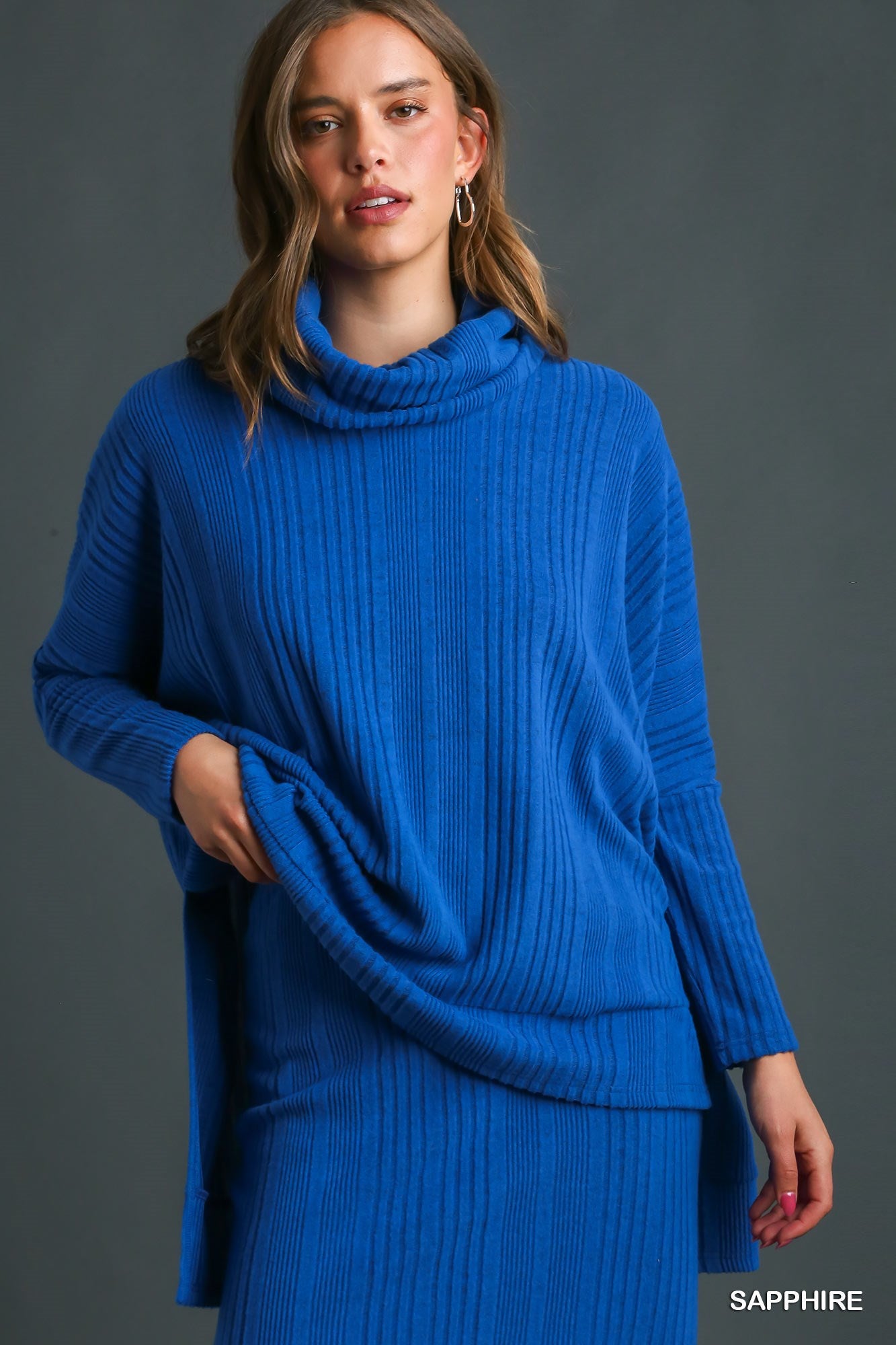 Sapphire Ribbed Knit Cowl Neck Sweater - Posh West Boutique
