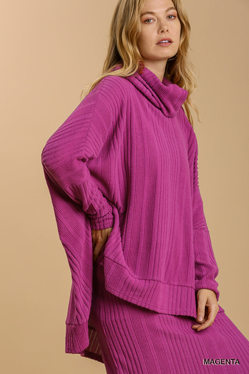 Magenta Ribbed Knit Cowl Neck Sweater - Posh West Boutique