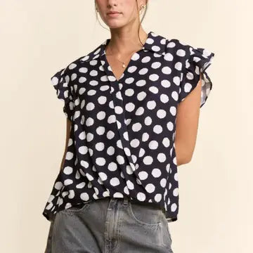 Navy Polka Dot Short Sleeve V Neck top