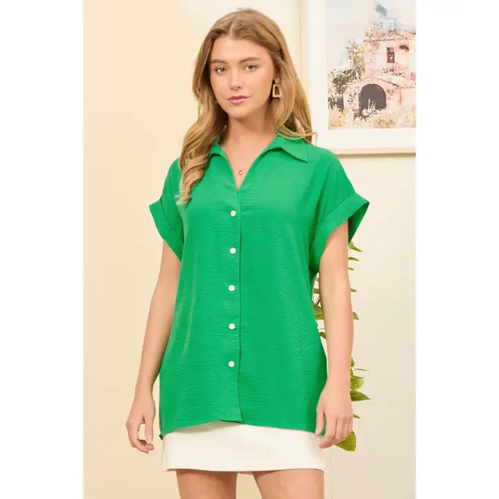 Green Pleated Button Woven Top