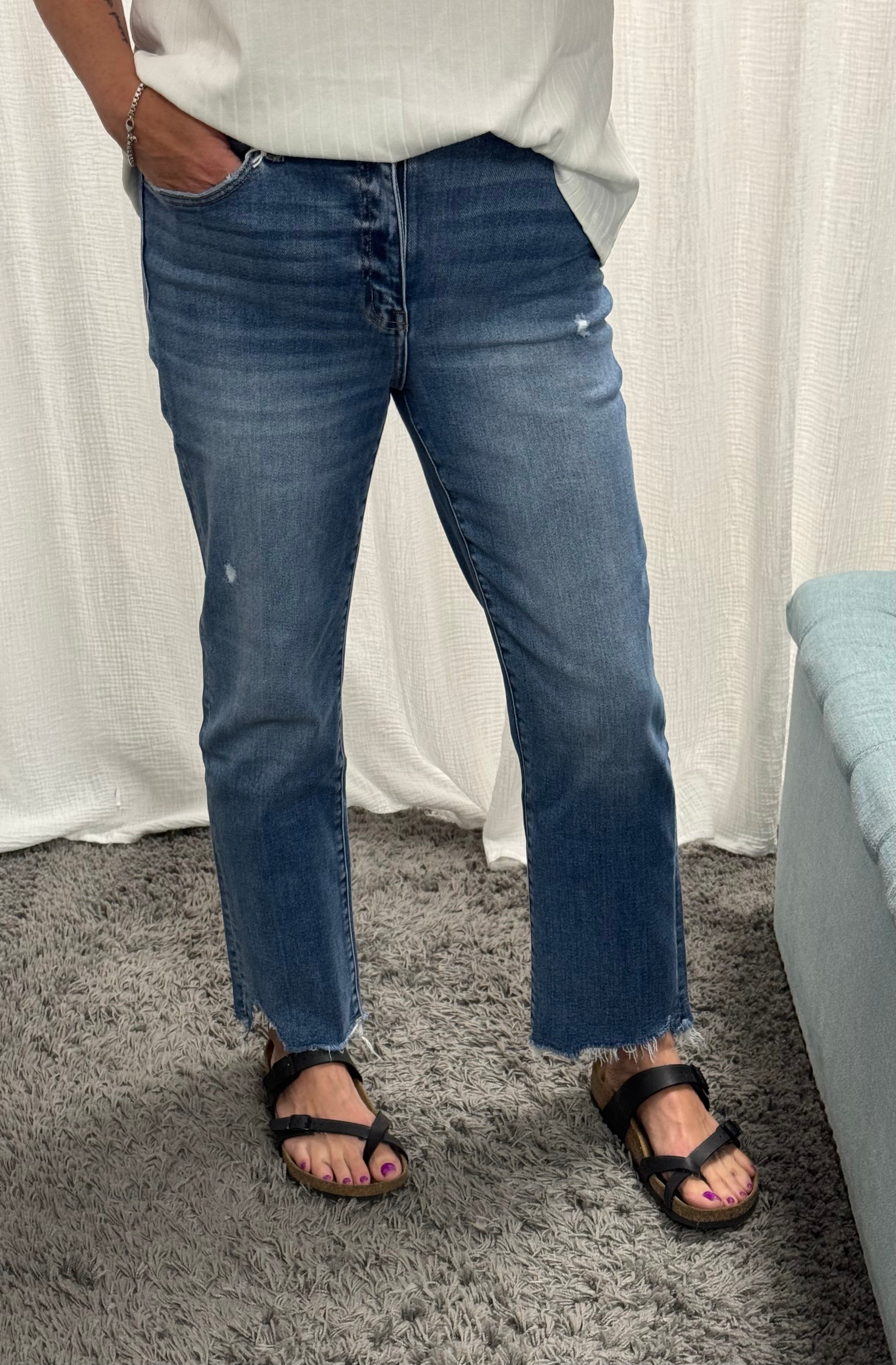 Vervet High Rise Uneven Hem Slim Straight - Posh West Boutique