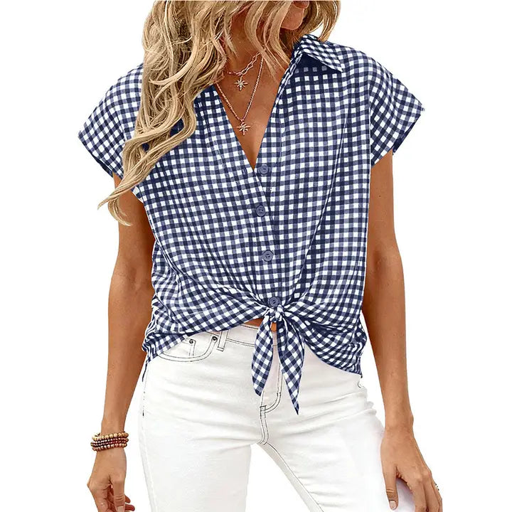 Navy Gingham Button Down Loose Fit Blouse