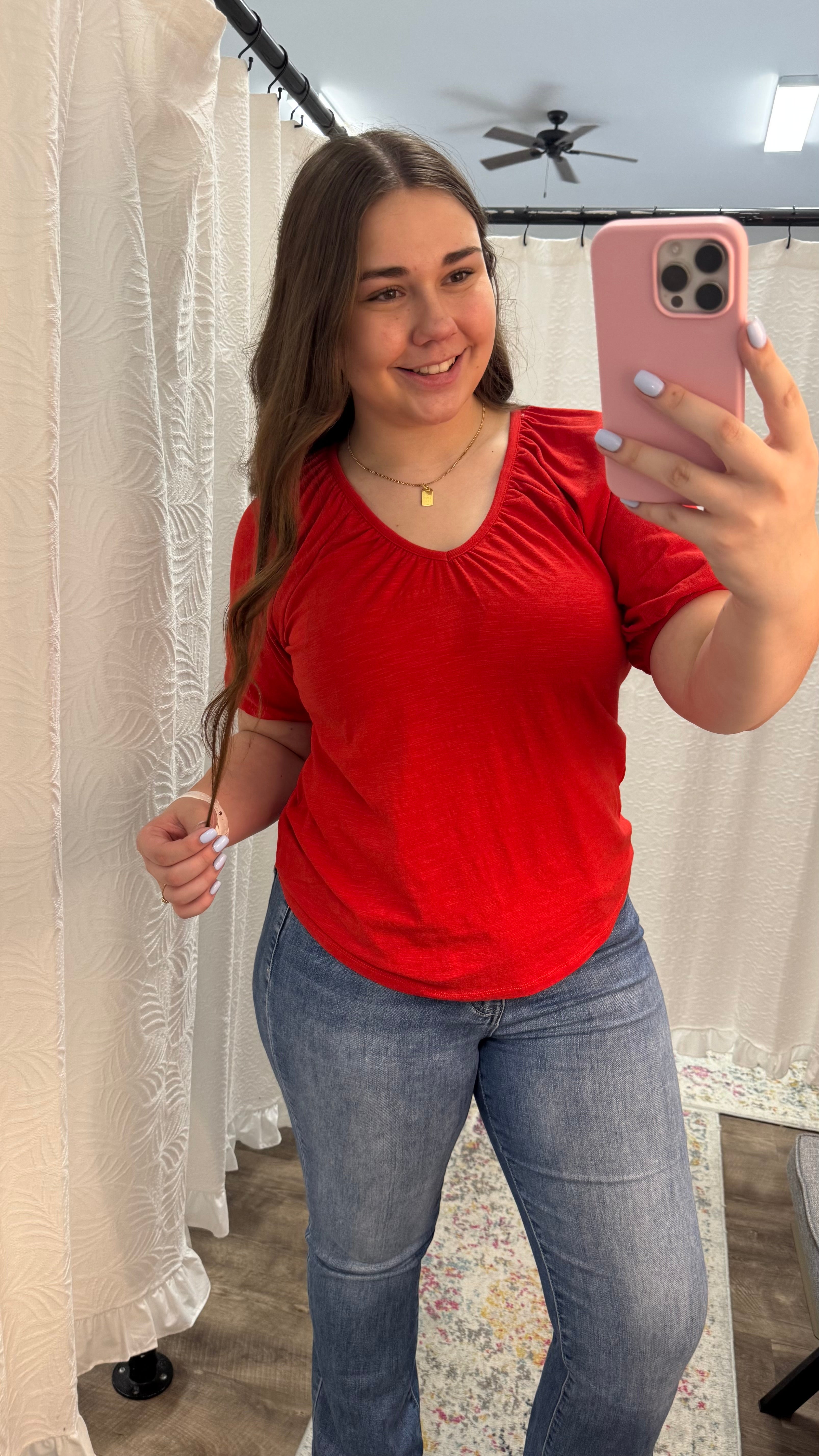 Aura Red V-Neck Short Puff Sleeve