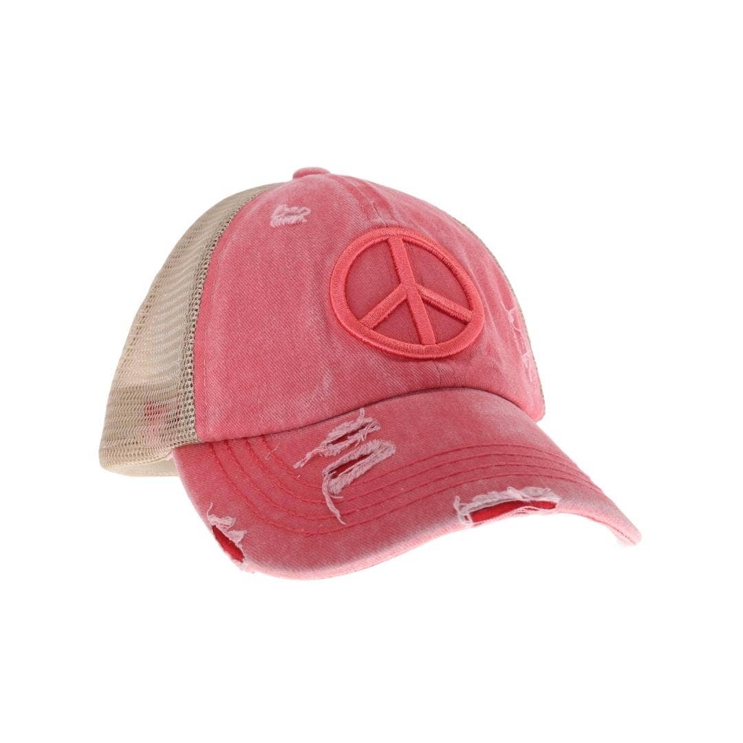 Coral Peace Sign Ponytail Trucker Hat