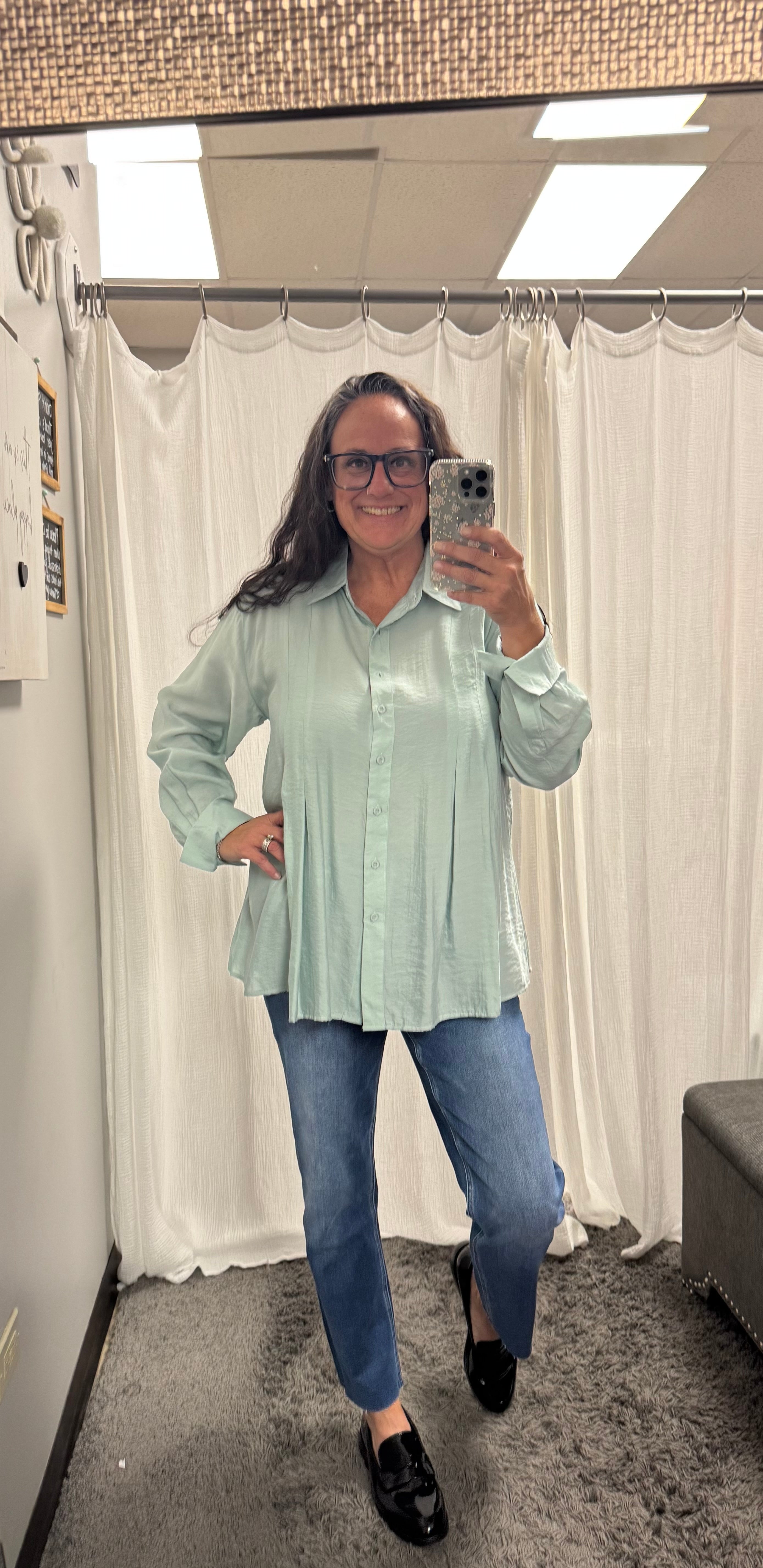 Dusty Sage Pleated Button Down Long Sleeve Shirt