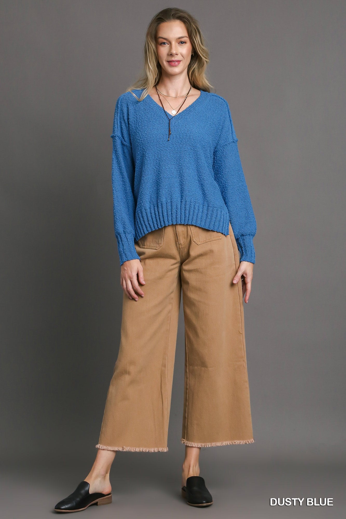 Dusty Blue Solid V-Neck Long Sleeve Sweater