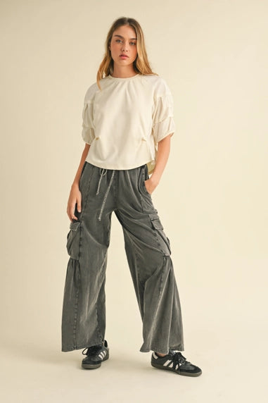 Mineral Wash Soft Knit Cargo Pants w/ Wide Leg - Posh West Boutique