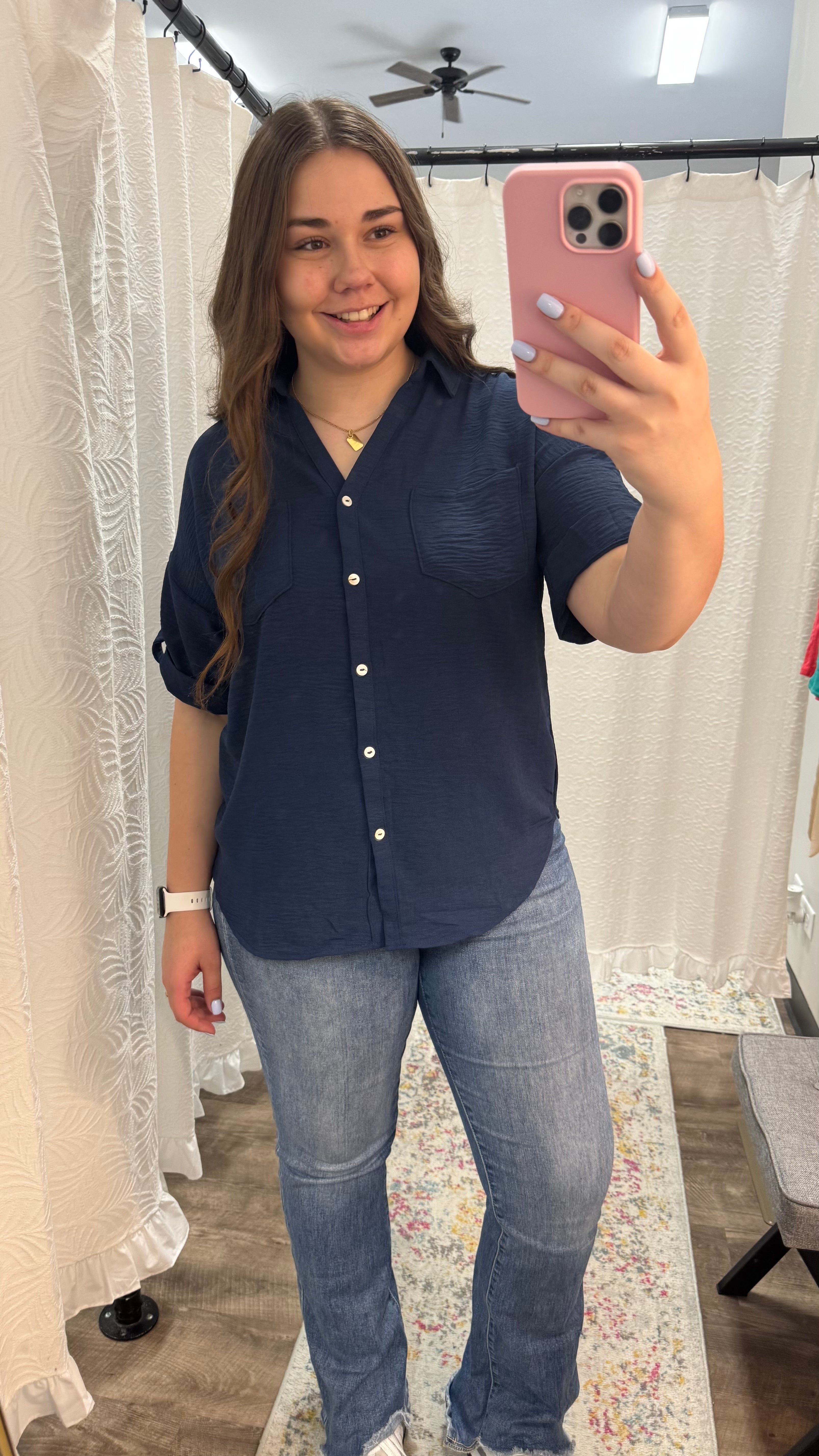Navy Half Sleeve Collared Button Down Top