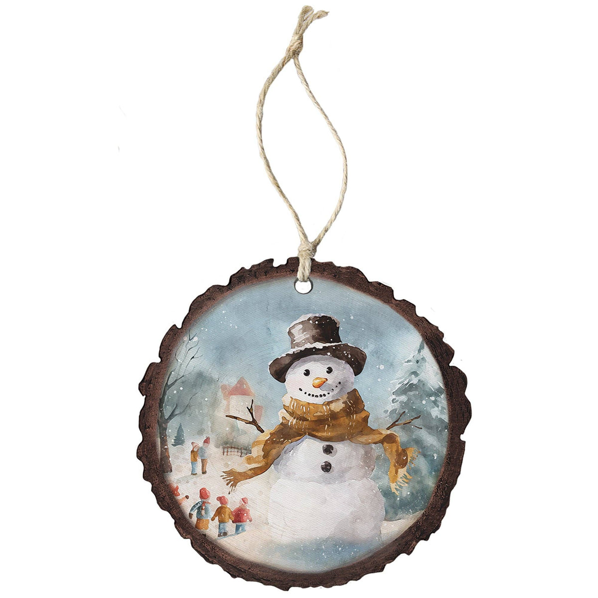 Snowman Town Scene Wood Ornament