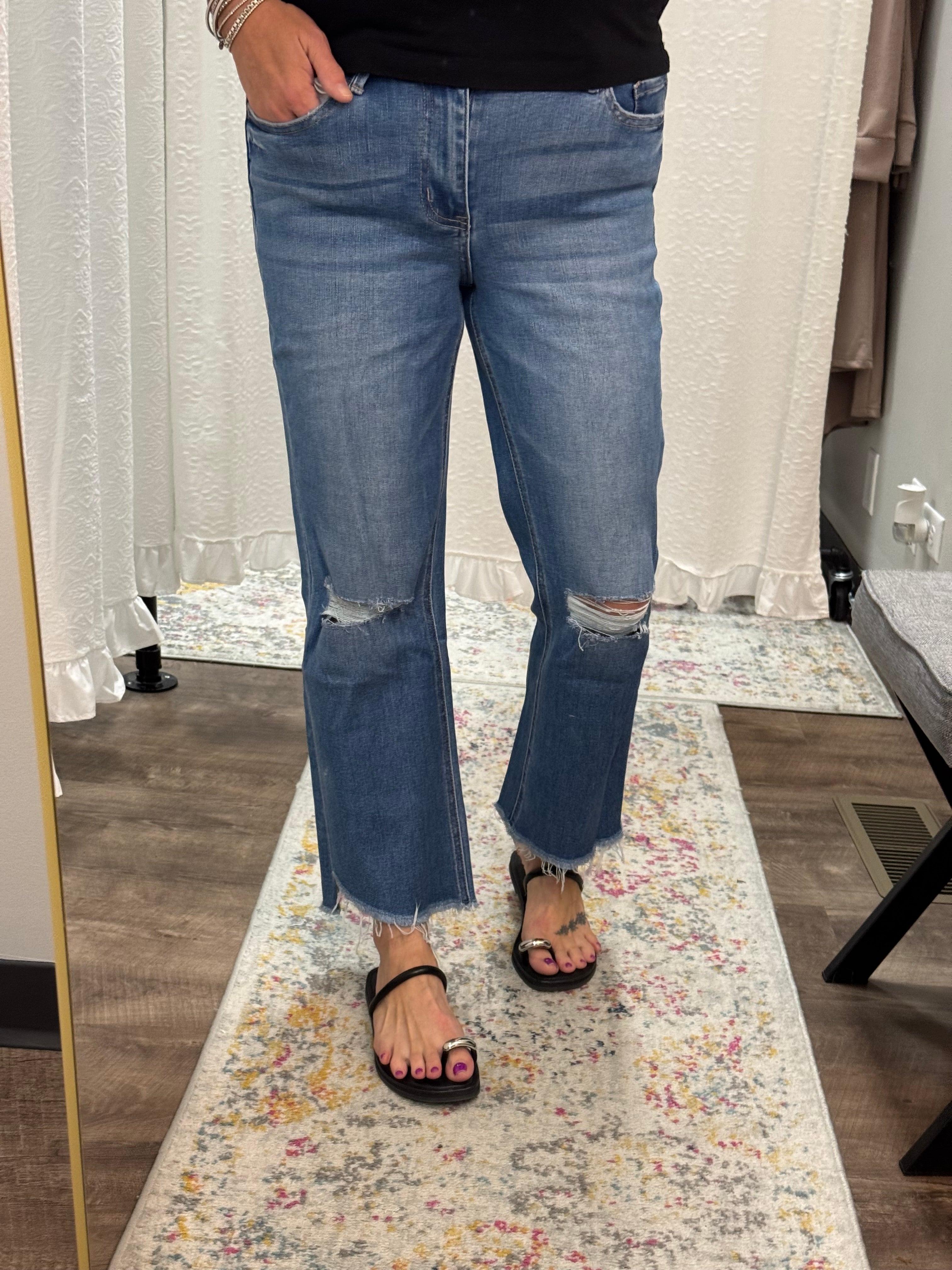 Vervet Mid Rise Raw Step Hem Kick Flare Jeans - Posh West Boutique