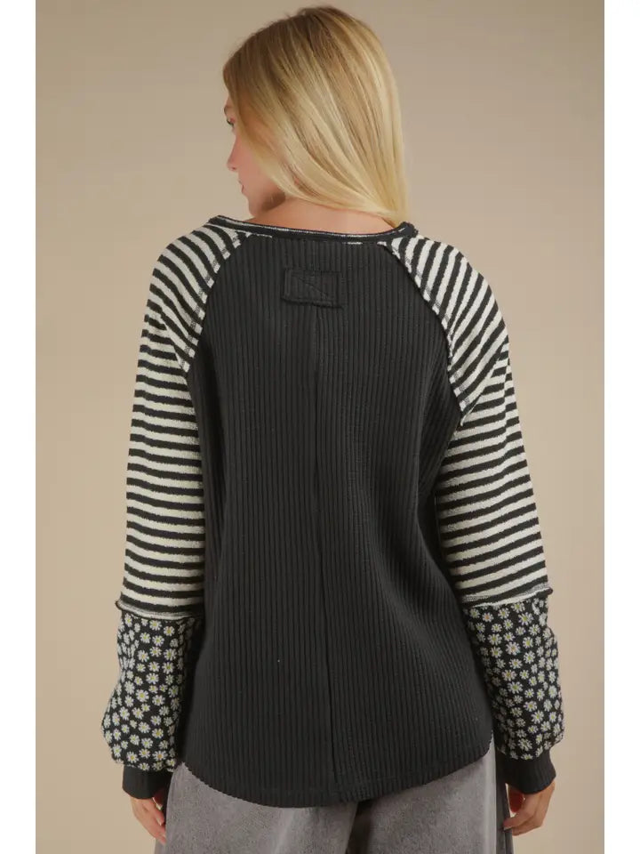 Black Oversized Floral & Stripe Casual Knit Top - Posh West Boutique