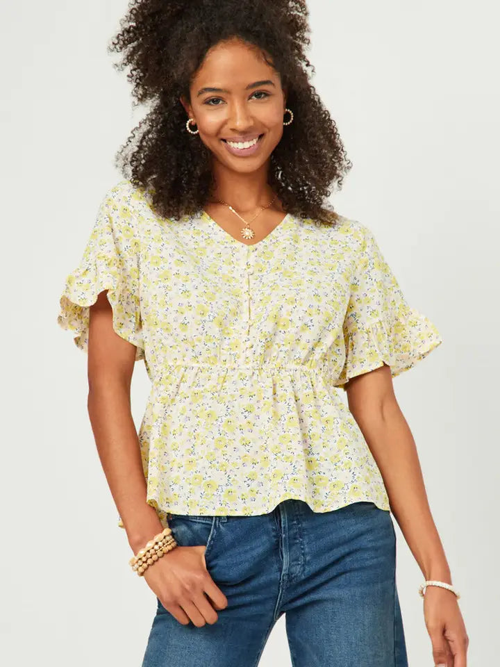 Floral Button Detail Ruffle Sleeve Peplum Top - Posh West Boutique