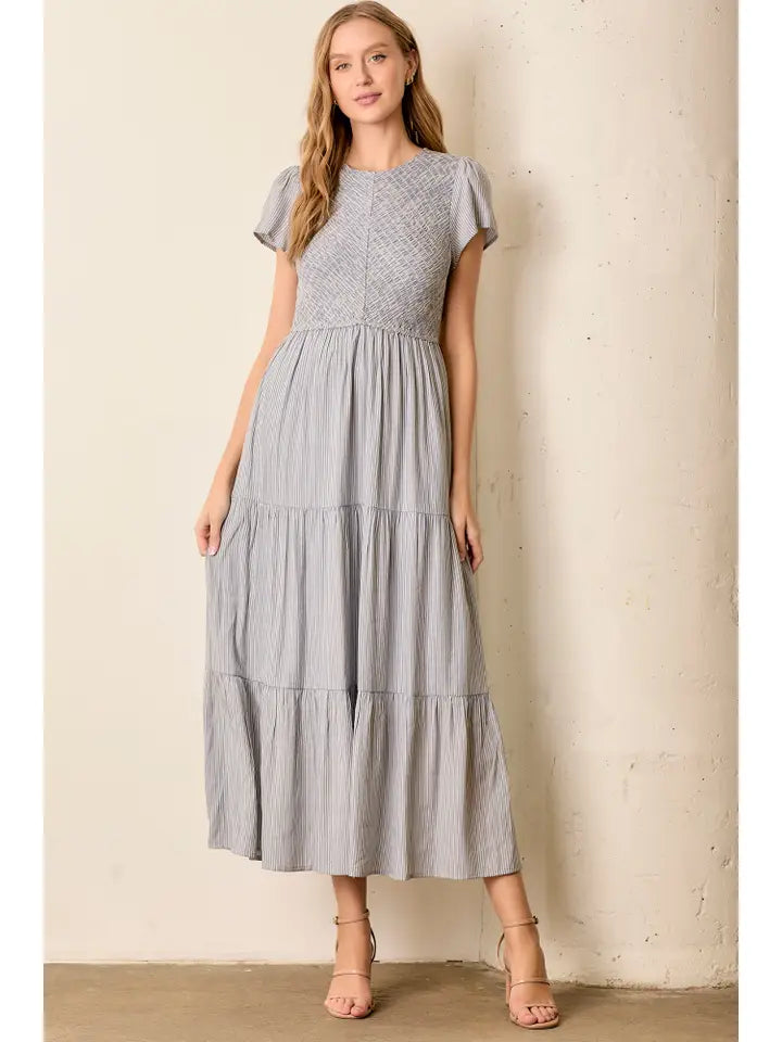 Smocked Bodice Striped Tiered Maxi
