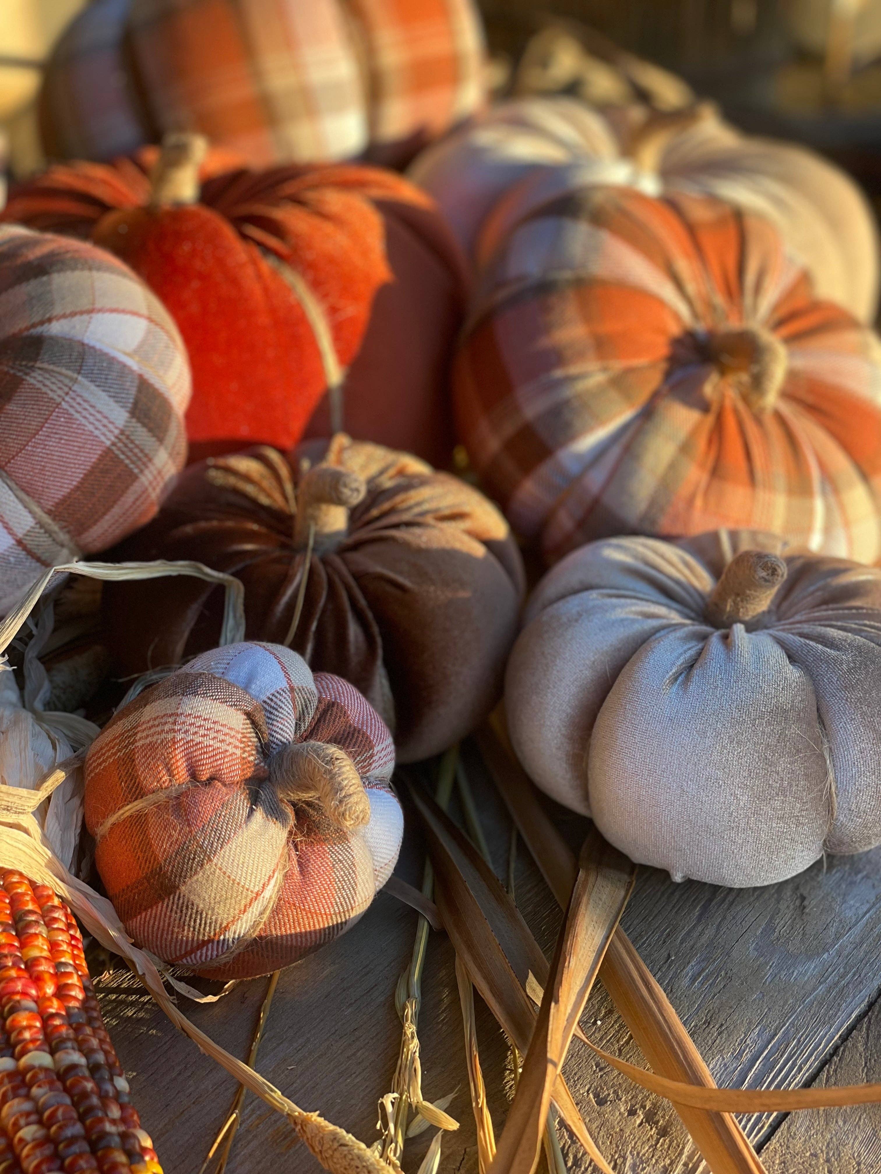 Lrg. Autumn Plaid Fall Fabric Pumpkin