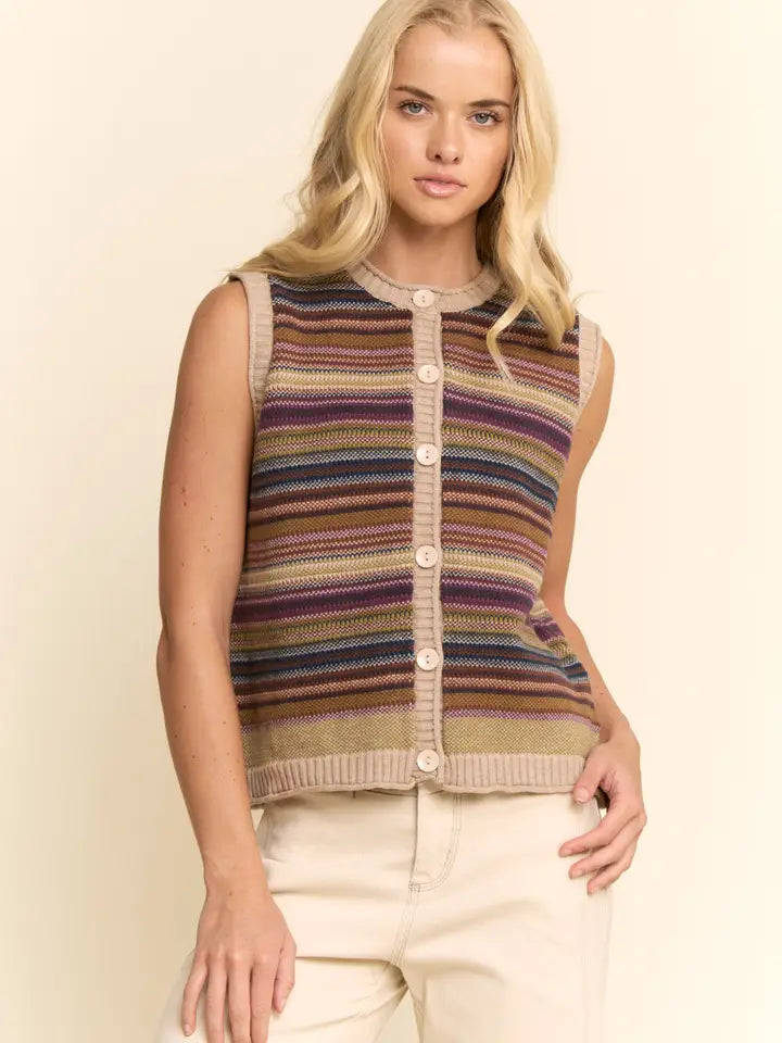 Light Beige Retro Multicolor Stripe Button Down Top - Posh West Boutique