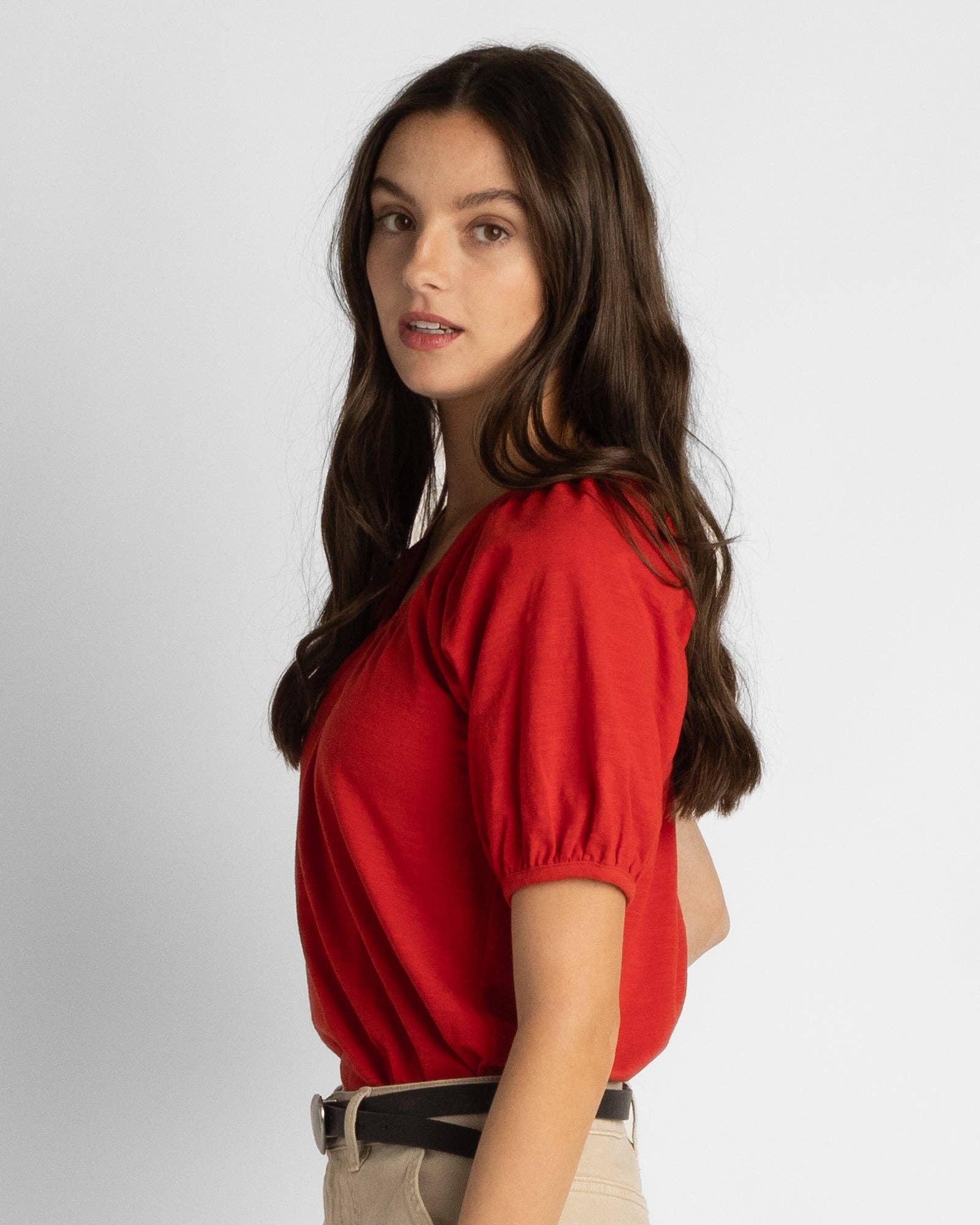 Aura Red V-Neck Short Puff Sleeve