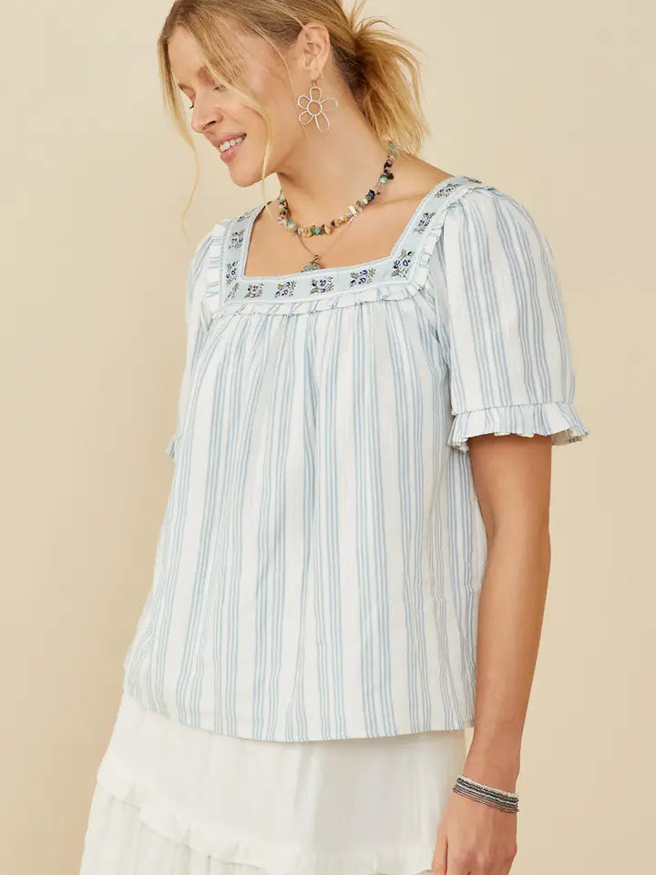 Blue Jacquard Tape Trimmed Striped Eyelet Top - Posh West Boutique