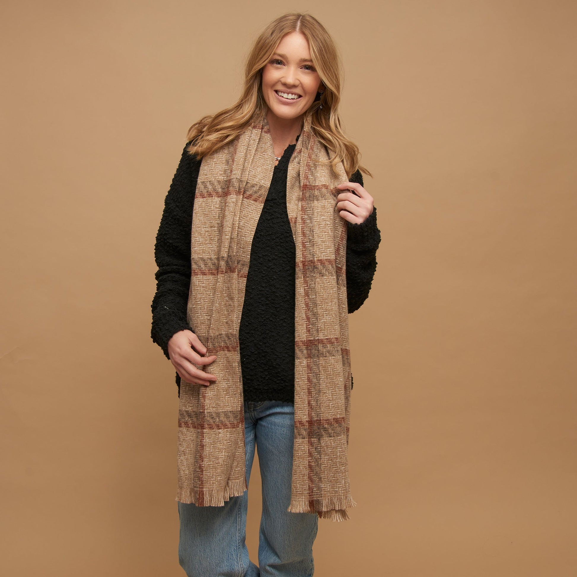 Oatmeal Windowpane Scarf - Posh West Boutique