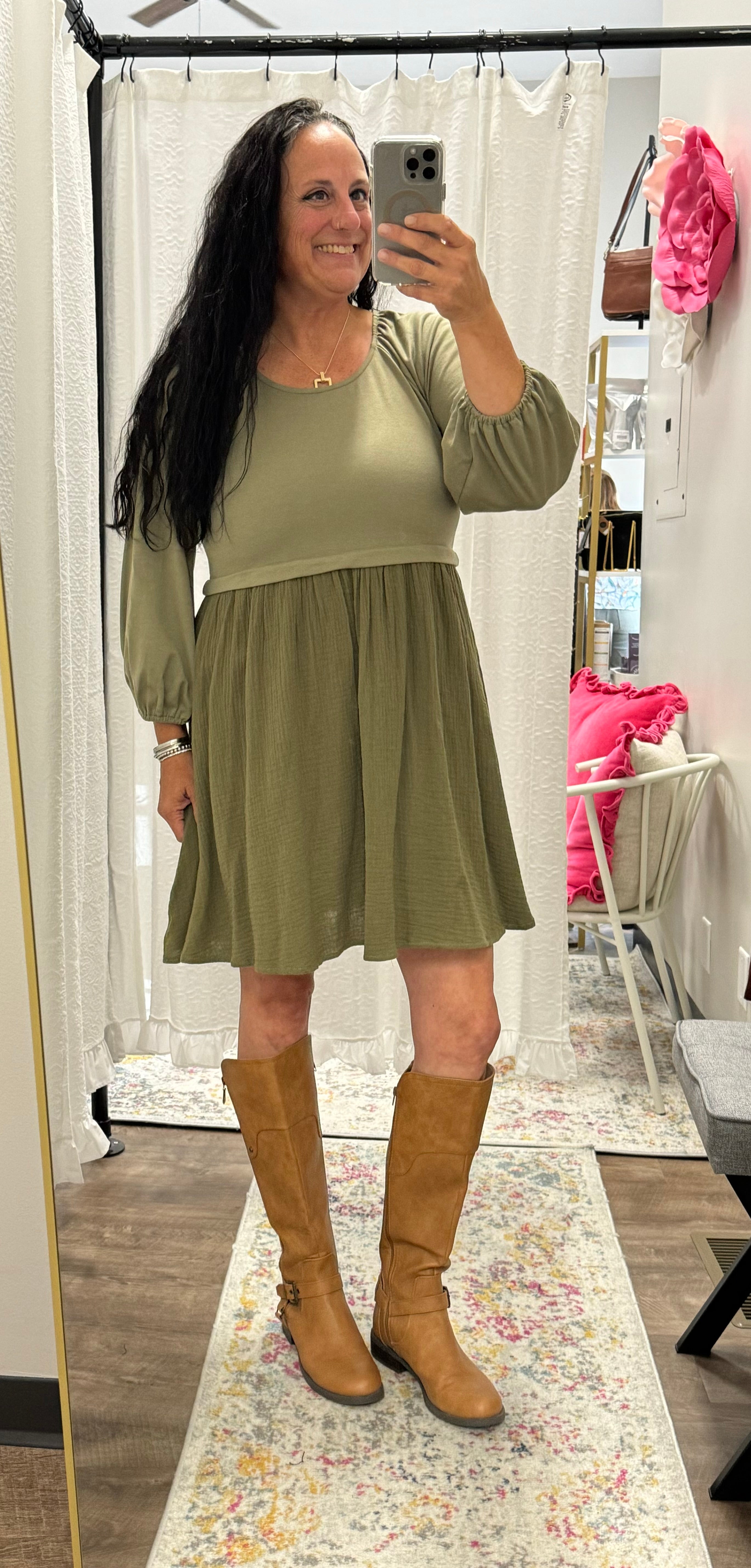 The Dawn Dress in Dusty Olive 3/4 Sleeve - Posh West Boutique