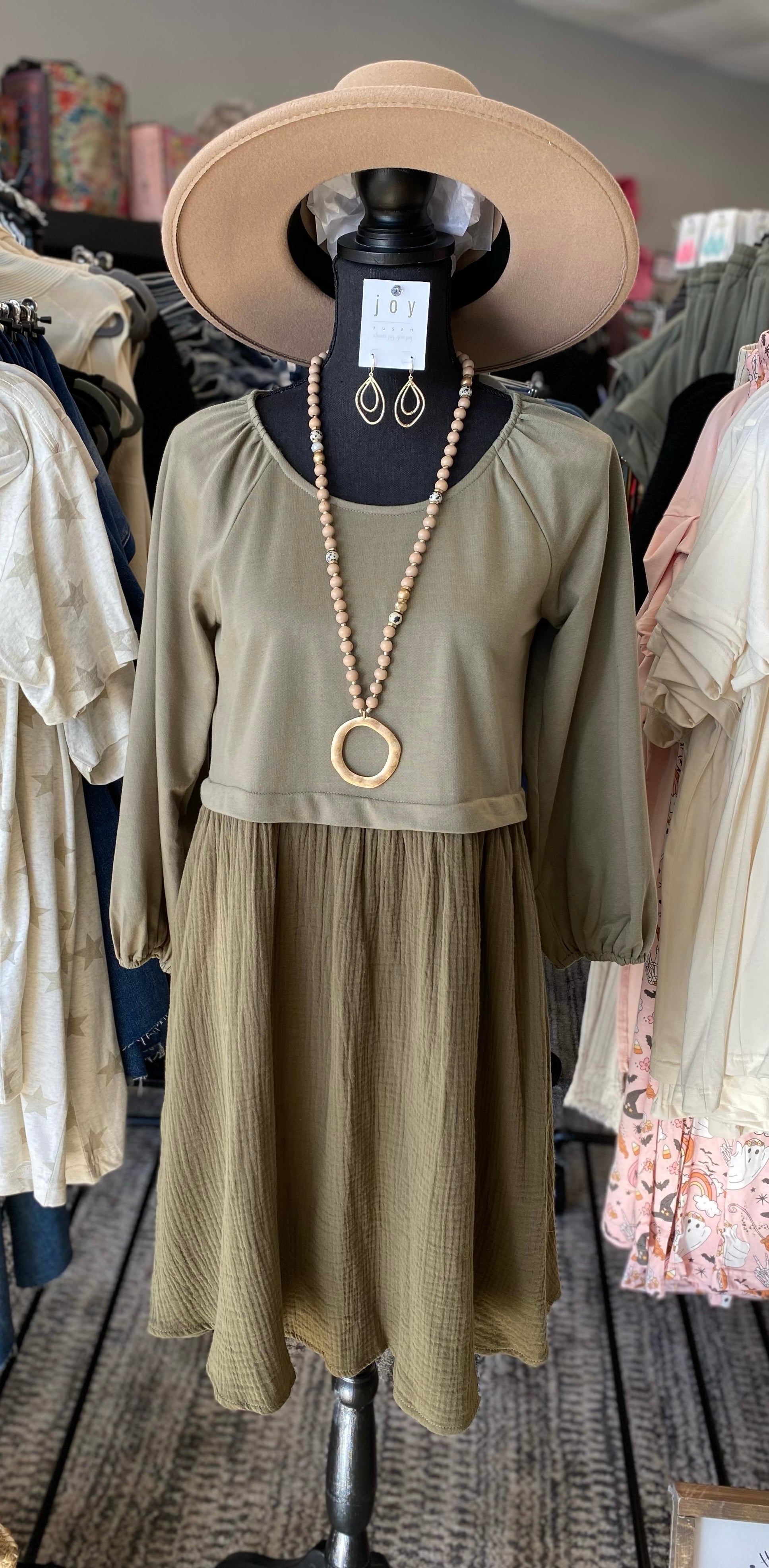 The Dawn Dress in Dusty Olive 3/4 Sleeve - Posh West Boutique