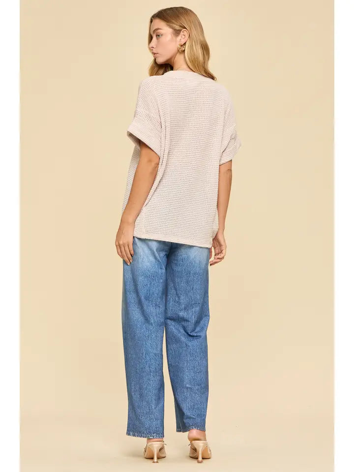 Oatmeal Two Tone Waffle Knit Top - Posh West Boutique