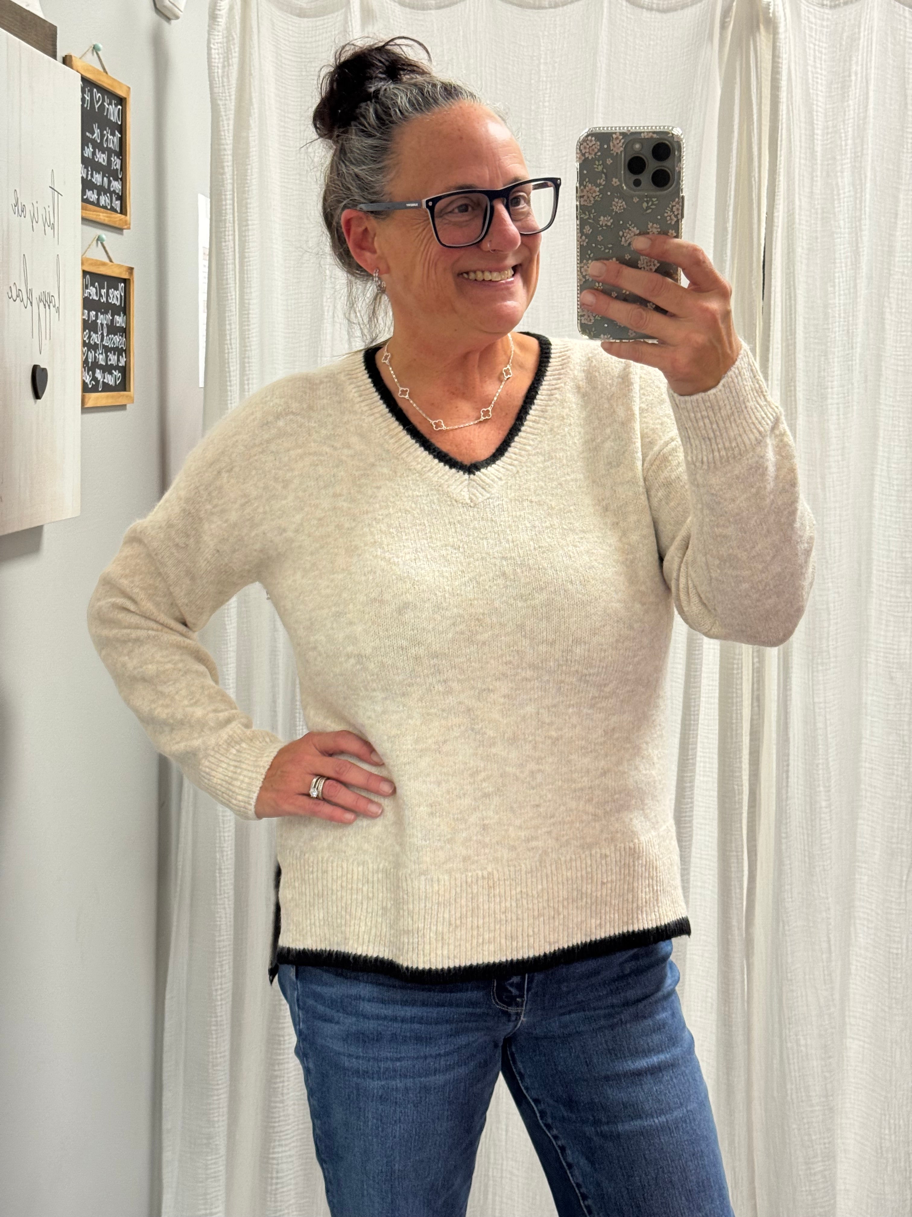 Oatmeal V Neck Hem Sweater w/ Black Trim