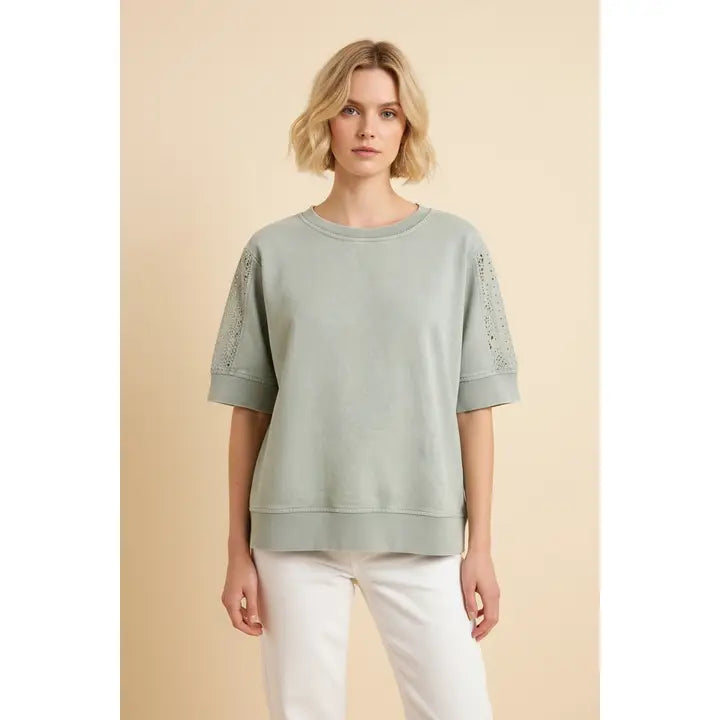 Sage Eyelet Detail Short Sleeve Crewneck Sweatshirt