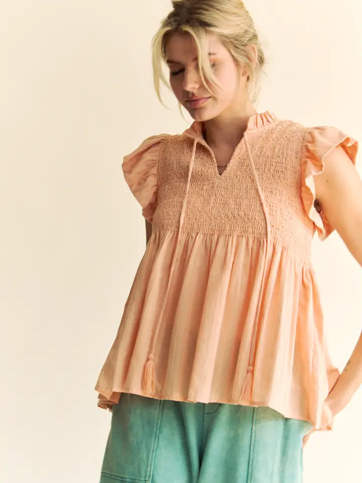 Peach Jacquard Stripe Multi-Smocked Flutter Sleeve Top - Posh West Boutique